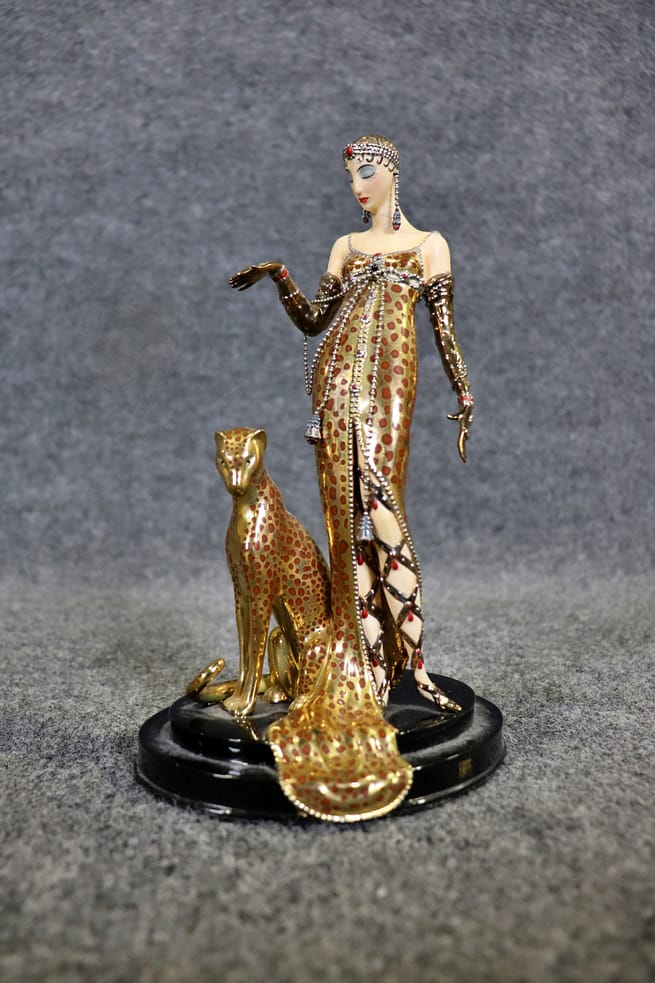 Signed Erta Ocelot with Lady French Art Deco Style Figurine by
