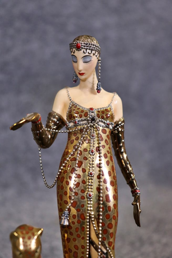 Signed Erta Ocelot with Lady French Art Deco Style Figurine by