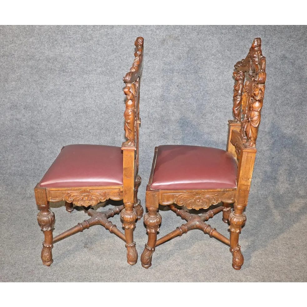 Figural Carved Walnut R.J. Horner Style Renaissance Chairs, circa