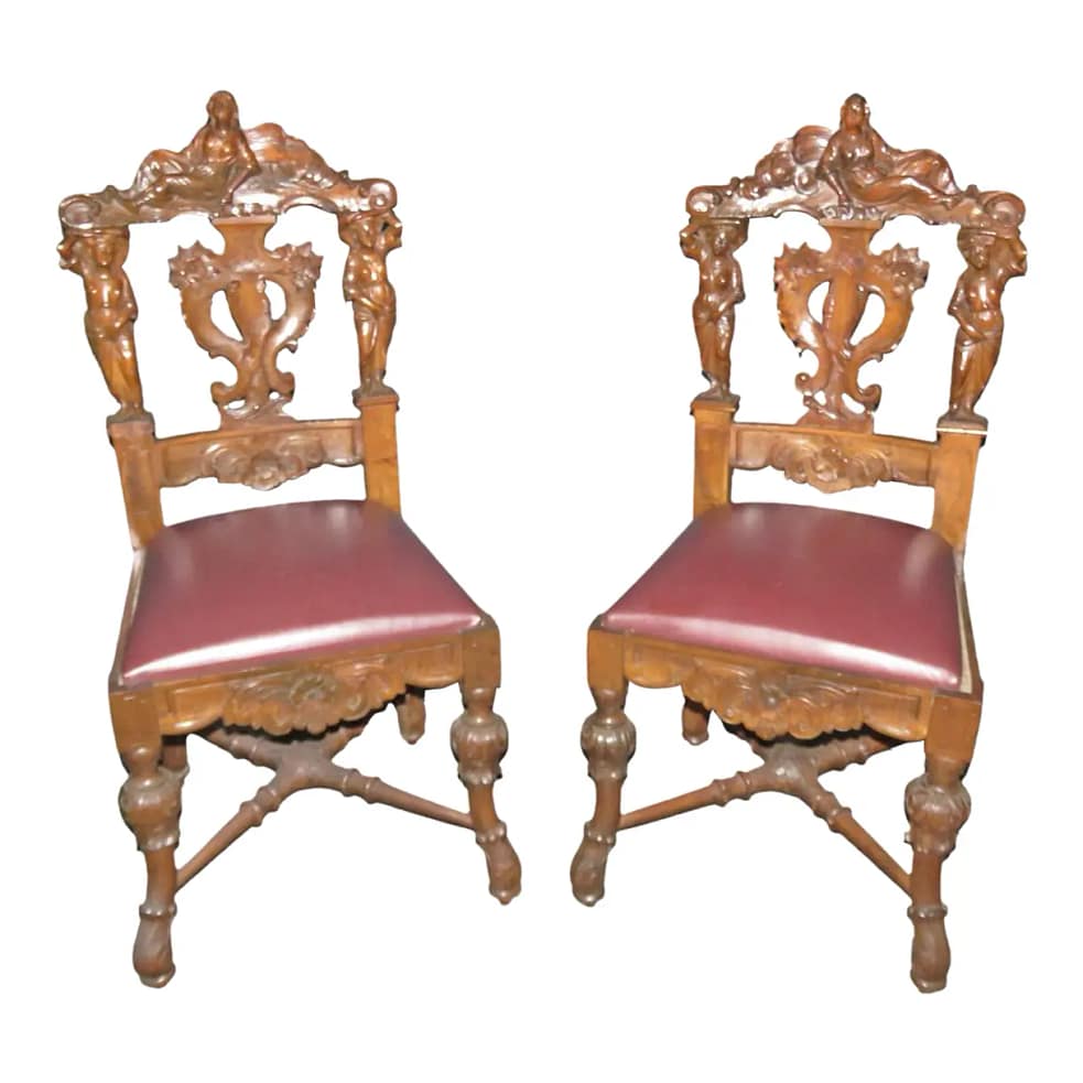 Figural Carved Walnut R.J. Horner Style Renaissance Chairs, circa