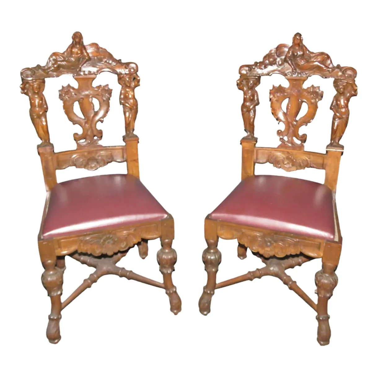 Figural Carved Walnut R.J. Horner Style Renaissance Chairs, circa